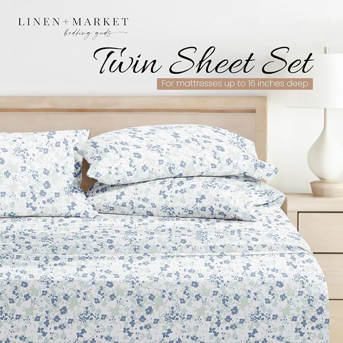Linen Market Double-Brushed Patterned Microfiber Twin Sheet Set 3 Piece – Oeko-TEX Certified Ultra Soft & Wrinkle-Free - 16" Deep Pocket Sheets - Easy Care Twin Size - Violets Light Blue