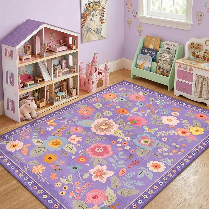 RELEANY Floral Washable 6x9 Area Rugs Purple/Pink | Flower Carpet, Print, Boho, Non-Slip, Easy to Clean, Soft, Low Pile for Living Room Bedroom Kitchen Office Entryway Hallway