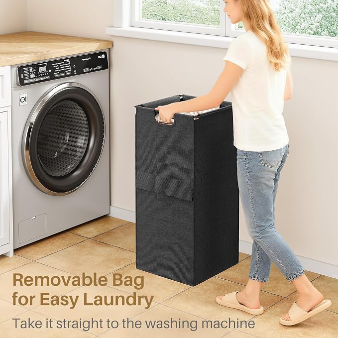Kitstorack Laundry Hamper, Laundry Basket, Laundry Sorter with a Pull-Out and Removable Bag, Shelf, Metal Frame, 17 Gallons (62 L), Ink Black and Rustic Brown
