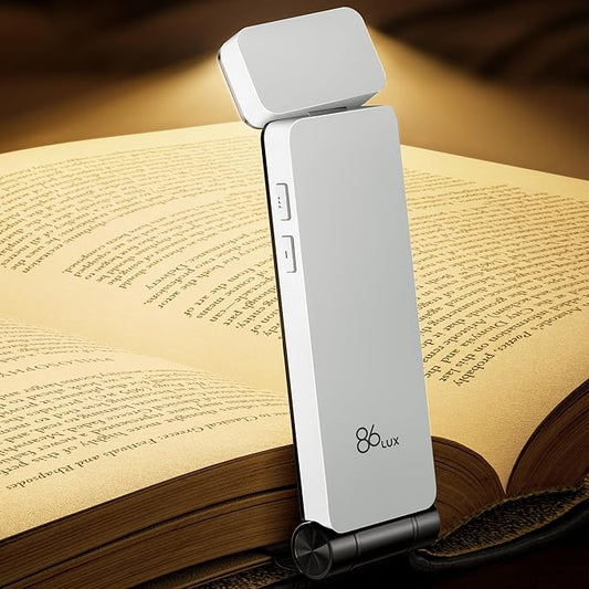 86lux Book Light, Rechargeable Clip-On LED Reading Light for Bed | 3 Color Temperatures with Stepless Dimming, Ultralight Bookmark Design for Book Lovers, White