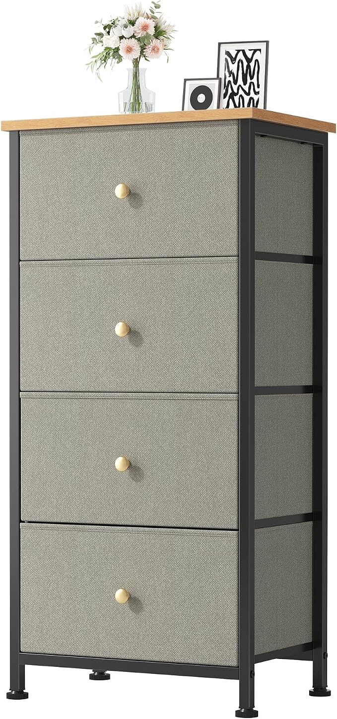 DUMOS Night Stand with Drawers, Bedside Table for Bedroom | Nightstand with 4 Removable Fabric Bins, Steel Frame with Wood Top, Small Storage Tower for Bedroom Closet, Greyish Green