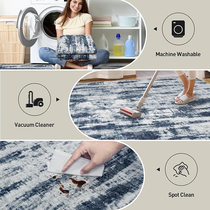 10x14 Area Rugs for Living Room: Washable Abstract Blue Grey Badroom Carpet | Non-slip TPE backing makes this washable soft low-pile rug safe & durable, Pet-friendly decor for dining room,nursery,office