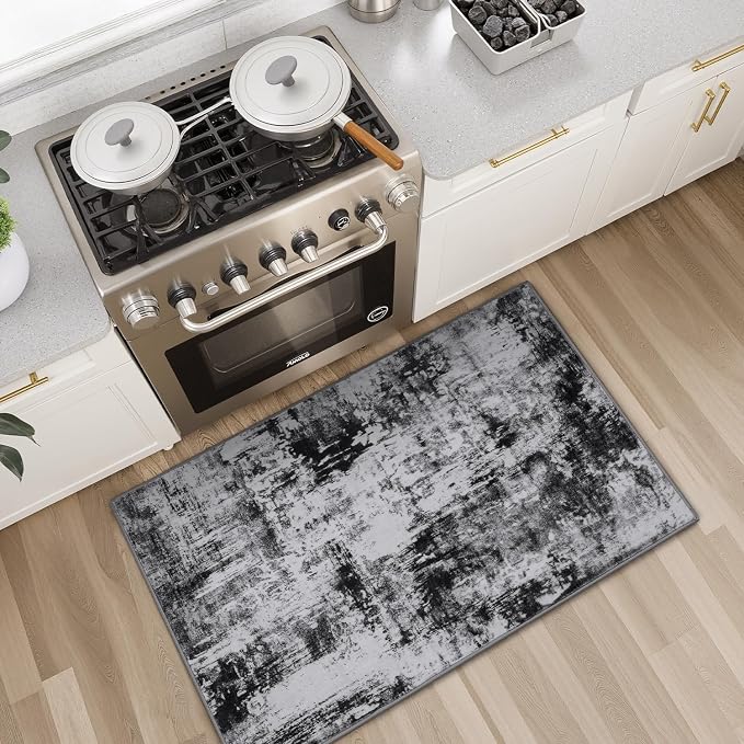 Rugflix 2x3 Entrance Rugs, Washable Black Grey Dark Entry Small Rug | Machine Washable; Stain-Resistant; Low Pile; Non-Slip; Modern Abstract; Black Carpet for Entryway Kitchen Hallway Home
