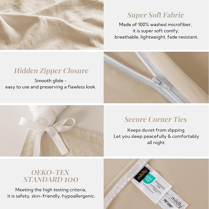MILDLY Duvet Cover Cal King Ultra Soft Comforter Cover Set 3pcs, Khaki | Washed Microfiber Cotton-Like, Breathable Comfort, Hidden Zipper, Corner Ties, OEKO-TEX Certified, Fade Resistant