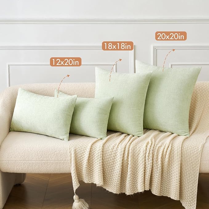 MIULEE Soft Chenille Throw Pillow Covers Light Green 18x18 Inch Pack of 2 | Modern Home Decor, Classic Decorative Pillows, Solid Dyed Cases, Boho Couch Cushion Covers for Sofa Bed Living Room
