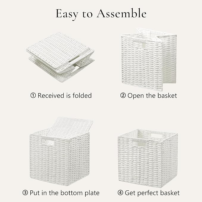 UBBCARE 3 Pack Wicker Basket, 11L×11H×10.5W inch Woven Paper Rope Storage Baskets for Shelves, Foldable Cube Storage bin with Handle, Storage Basket for Organizing & Decor, White