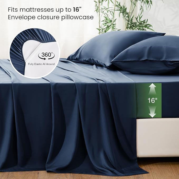 Love's cabin 4 Piece California King Size Sheet Set, 100% Rayon Derived from Bamboo, Cooling & Breathable, Soft Silky Deep Pocket up to 16", Hotel Luxury Bedding for Hot Sleepers, Navy