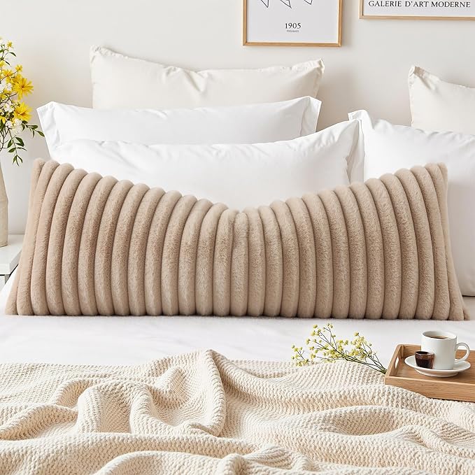 decorUhome Fall Faux Fur Throw Pillow Covers 14x36 Pack of 1 Khaki Brown | Decorative Soft Cozy Striped Plush Modern Farmhouse Boho Couch Pillow Cases Velvet Back for Sofa Bed Living Room Home Decor