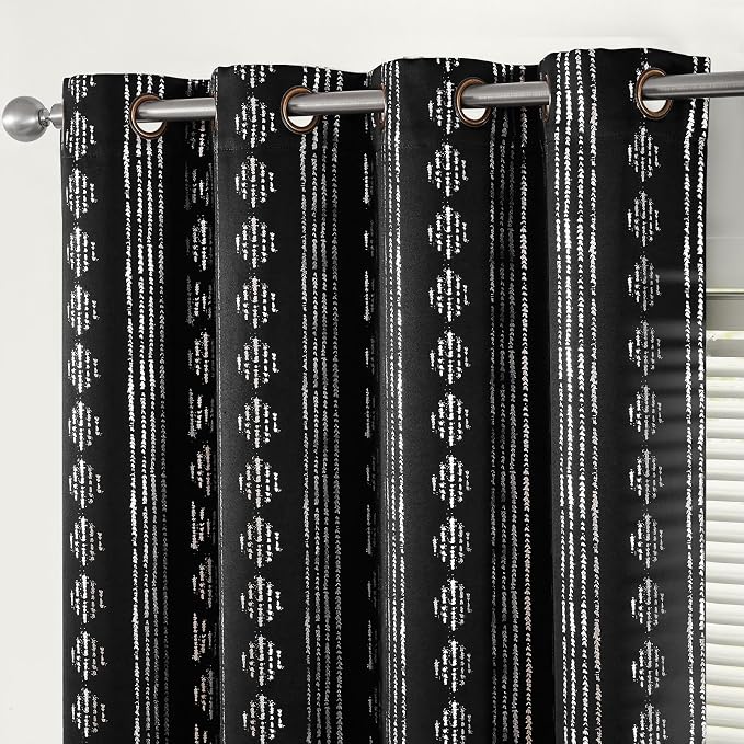 jinchan Boho Blackout Curtains 84 Inches Long for Bedroom Living Room | Silver on Black Geometric Grommet Curtains Room Darkening Thermal Insulated Window Treatments 2 Panels