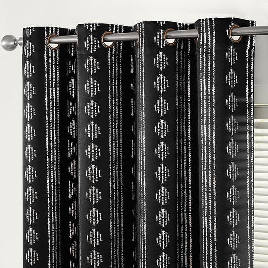 jinchan Boho Blackout Curtains 63 Inch Length for Bedroom Living Room | Silver on Black Geometric Foil Printed Grommet Curtains Room Darkening Thermal Insulated Window Treatments 2 Panels