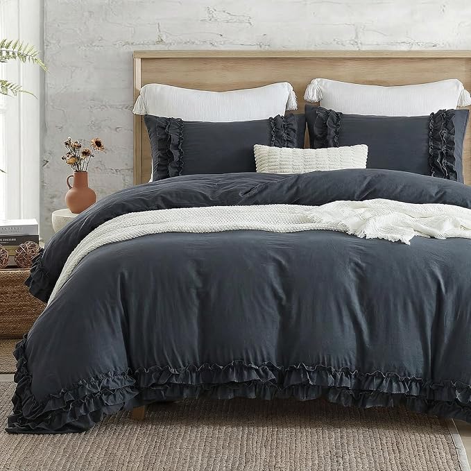 Bedorm Navy Ruffle Duvet Cover Vintage King Bedding Set Navy Blue Lace Fringe Ruffled Bedroom Decor Shabby Chic Boho Comforter Cover with Pillowcases