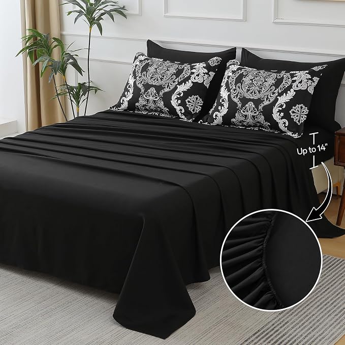 WONGS BEDDING 7 Pieces Comforter Set Queen Size, Black White Texture Bedding Set for All Season, Damask Soft and Breathable Bed in a Bag with Comforter, Flat Sheet, Fitted Sheet, Pillowcases & Shams