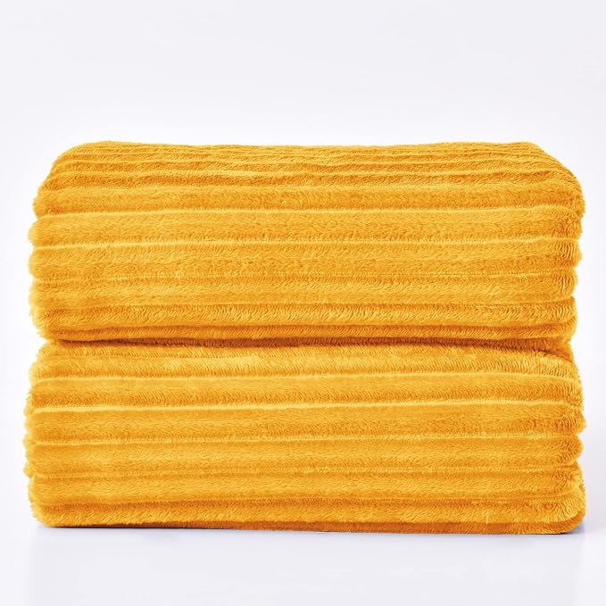 BEDELITE Ribbed Jacquard Mustard Yellow Queen Blanket for Bed, 90x90 Inch | Soft Warm Decorative Fluffy Blanket, Cozy Fuzzy Lightweight Plush Fleece Throw Blankets for Bed, Room Decor, Gift for Women