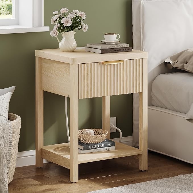Night Stand Set 1, Fluted Wood Bedside Table w/Socket Station for Bedroom | Natural, Storage Drawer, Open Shelf, Metal Silent Rails, Round Corners, Modern Fluted Panel, Living Room, Bedside Table