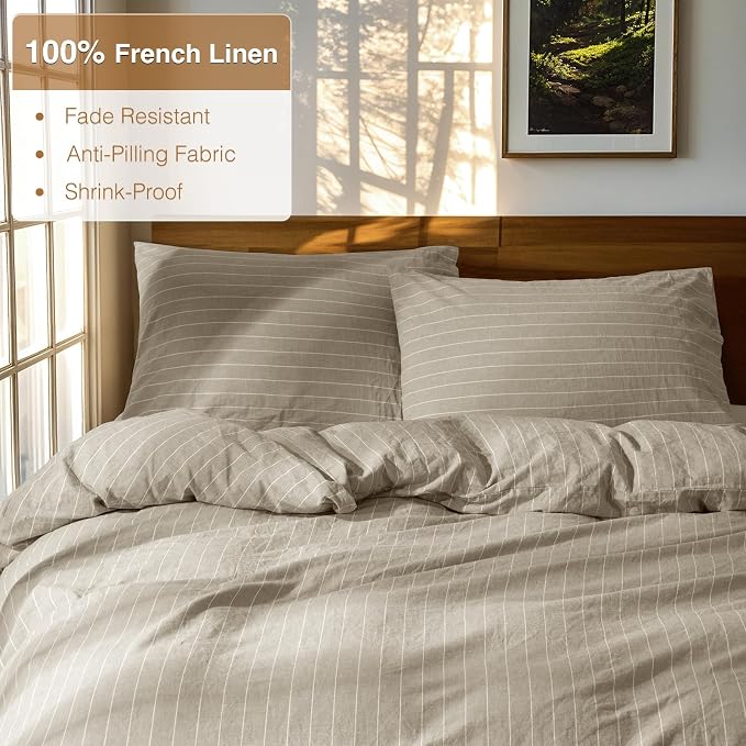 SONORO KATE 100% French Linen Queen Duvet Cover Set,Zipper Closure,3PC | Natural French Flax,Soft Breathable for Hot Sleepers,Moisture Wicking & Durable,4 Corner Ties,Linen & White Stripes