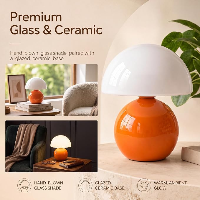Mushroom Lamp Table Lamp for Bedroom-Small Desk Table Lamps,Orange | 8.7" Mid Century Modern Table Lamps for Living Room Bedroom Decor,Cute Ceramic Lamps for Mushroom Home Room Decor,Glass Shade