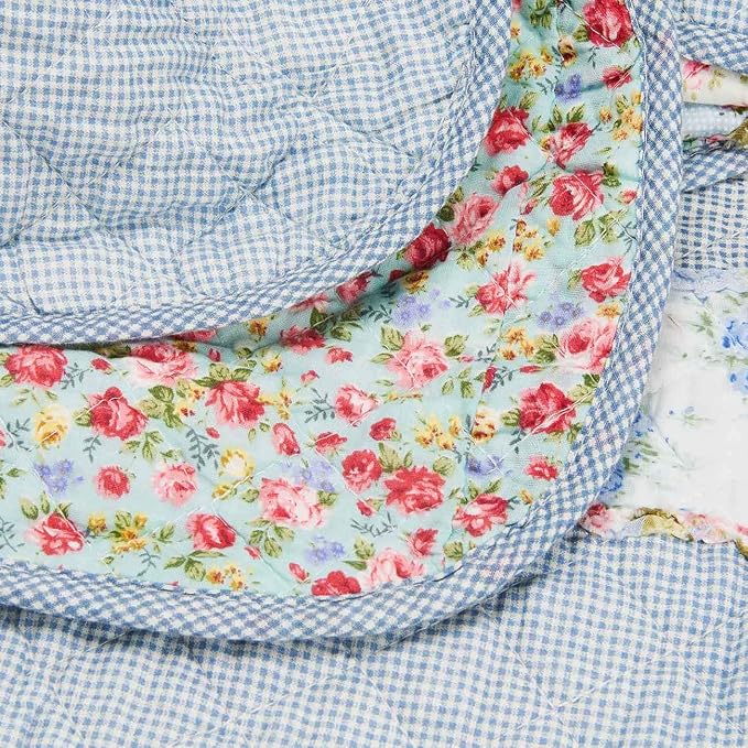 Cozyholy Original 100% Cotton Quilt Twin Size Blue Floral Patchwork Quilts, Lightweight Reversible Bedspread Quilted Throw Blanket, Vintage Shabby Chic Cottage Bedding Coverlet for Bed Couch Sofa