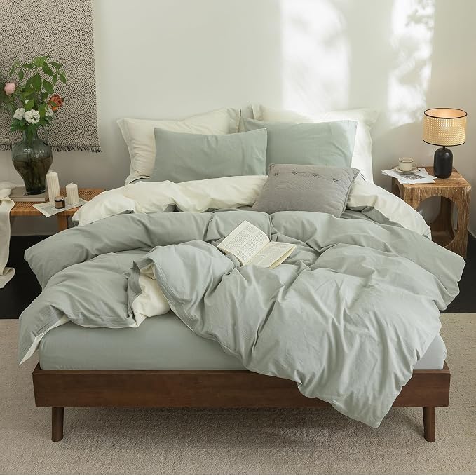 BDEAR 3Pcs Duvet Cover Set King Size 104" Wx90 L,Pale Yellow and Sage Green | 100% Washed Cotton, 1 Duvet Cover with 2 Pillowcases, Zipper Closure, OEKO TEX Standard,8 Corner Ties,Linen-Liked Texture