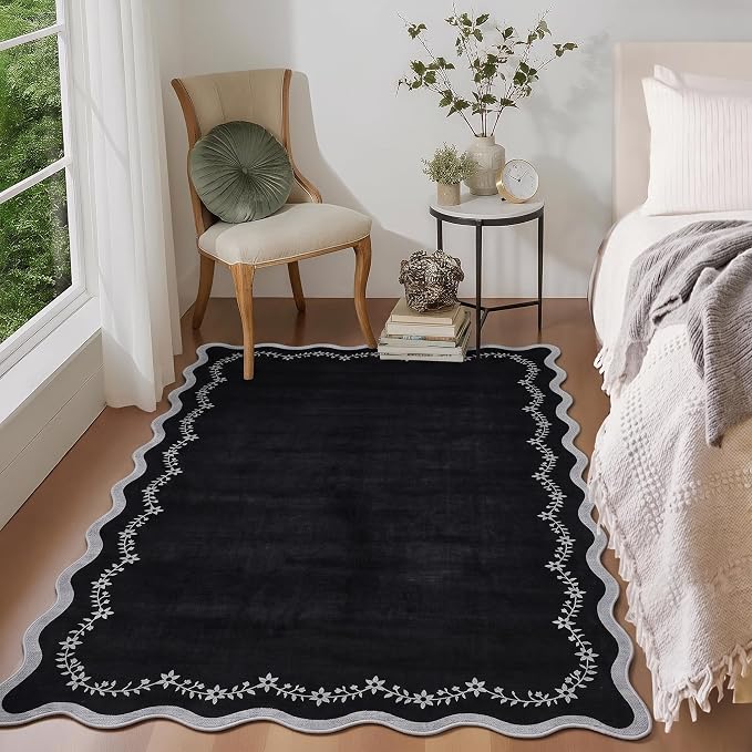 GarveeHome 3x5 Scalloped Washable Area Rug Non Slip Bedroom Entryway Rug | Soft Black Kitchen Rug Low Pile Carpet Stain Resistant Throw Rug for Bedside Kids Room Office Dining Room