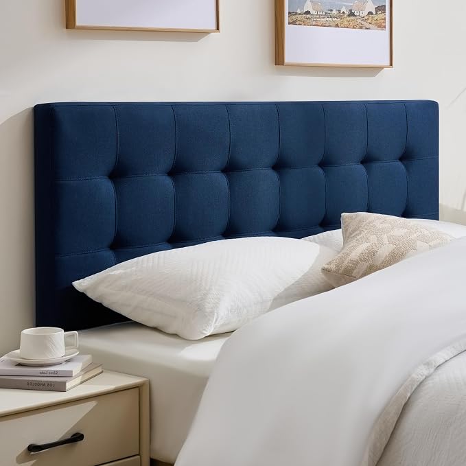 Linen Stitched Tufted King Headboard, Adjustable Height 37.2-42.3 in, Blue | Wood Twin Headboard Only, Padded Support for Reading, Relaxing or Working in Bed, Stable Non-Slip Design, Fits Bed Frame