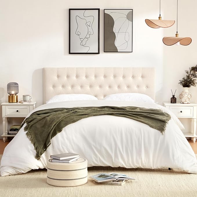 Tufted Upholstered Headboard Queen Size, Adjustable Height 37- 51 in, Beige | Sturdy and Durable Solid Wood Bed Headboard, Fabric Queen Headboard Only, Modern Button Diamond Design Head Board
