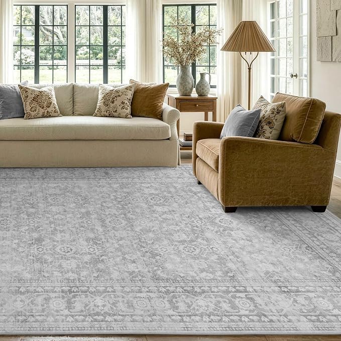 5x7 Ft Area Rugs for Living Room, Soft Non-Slip Machine Washable Rug, Vintage Stain Resistant Carpets for Bedroom Nursery Dining Room Home Decor (Grey)