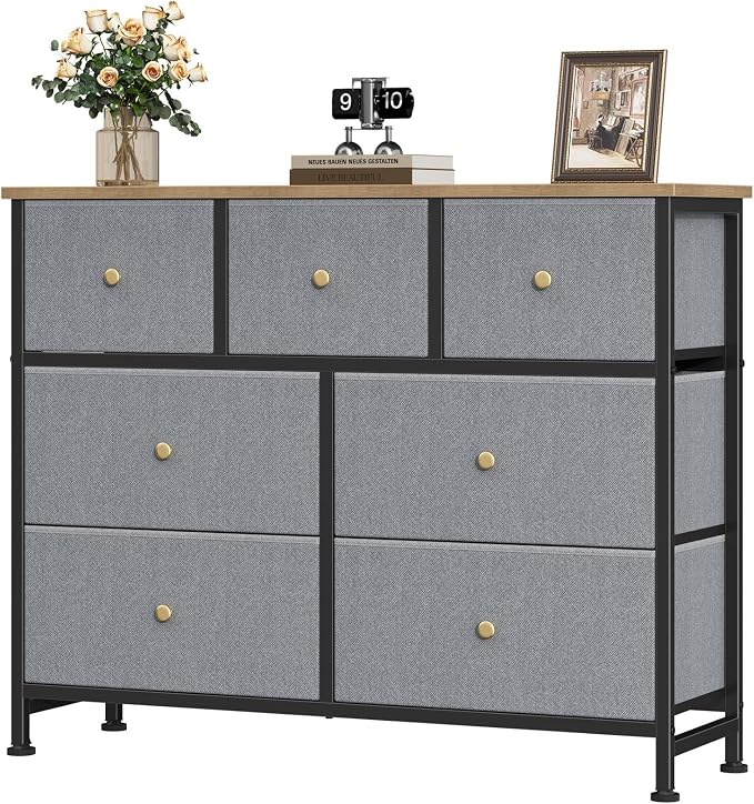 OLIXIS 7 Drawer Fabric Dresser, Storage Tower for Bedroom and Closet | Easy-Pull Bins for Closet Organizers, Chest of Drawers with Steel Frame & Wooden Top for Living Room, Entryway, Gray Blue