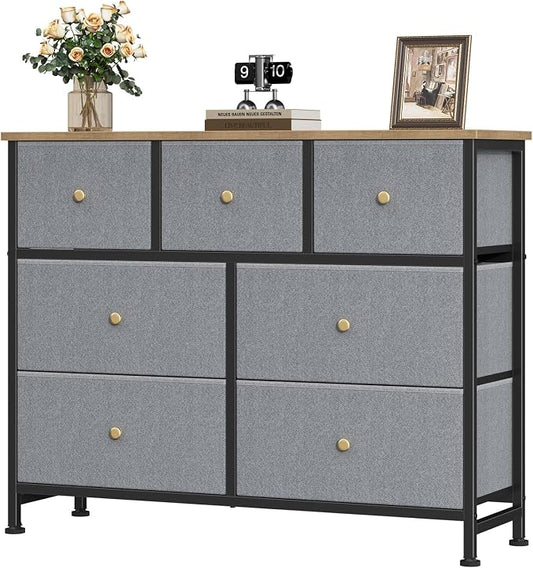 OLIXIS 7 Drawer Fabric Dresser, Storage Tower for Bedroom and Closet | Easy-Pull Bins for Closet Organizers, Chest of Drawers with Steel Frame & Wooden Top for Living Room, Entryway, Gray Blue