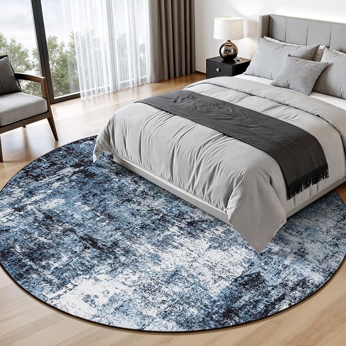 Rugflix Round Area Rugs 8Ft for Living Room, Washable Navy Blue Circle Rug | Machine Washable; Stain-Resistant; Low Pile; Non-Slip; Modern Abstract; Black Carpet for Bedroom Dining Office Nursery Home
