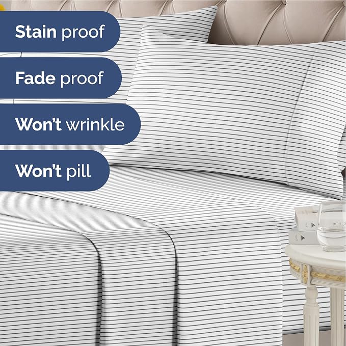 Twin XL 3 Piece Striped Sheet Set - Soft, Breathable & Cooling - Fine Lines | 1 Flat, 1 Fitted & 1 Pillowcase w/ Deep Pockets, Luxury Striped Bedding, Soft, Breathable & Cooling, Wrinkle & Fade Free