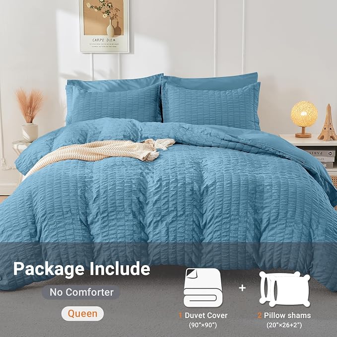 HYMOKEGE Mineral Blue Duvet Cover King Size, Ultra Soft 3-Piece Seersucker Duvet Cover Set with Zipper Closure, Soft Brushed Microfiber Bedding Set with 8 Corner Ties (104"x90", 2 Pillowshams)