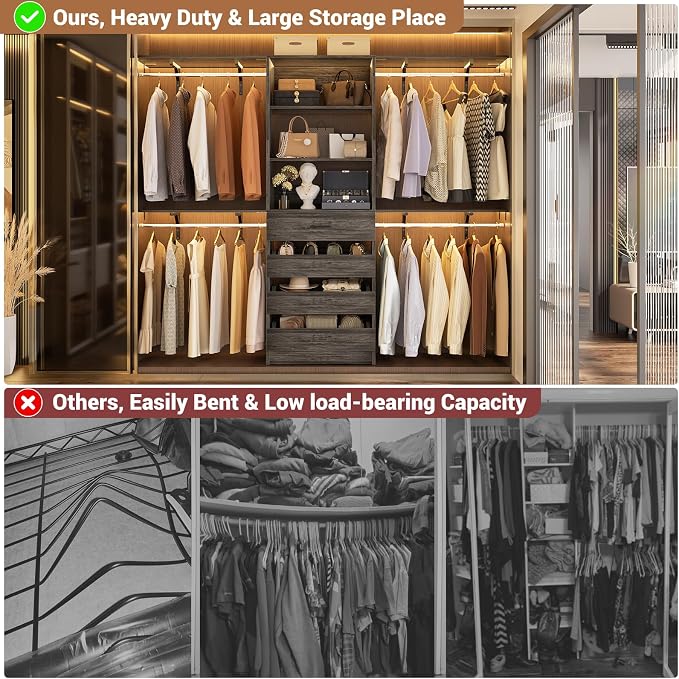 Aheaplus Closet System with 4 Drawers, 8FT Wood Closet Organizer System | 96" Closets Built In System Tower with Shelves & 4 Rods, Walk-in Closets Wardrobe Clothes Rack, Fits Spaces 4-9 ft, Black Oak