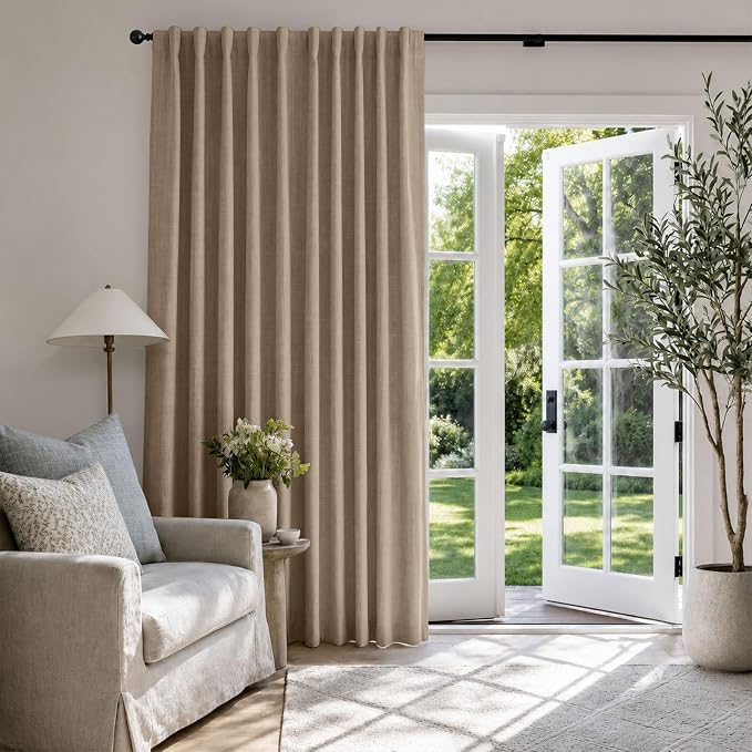 Linen Textured Blackout Sliding Door Curtains 108 Inches Long, Copper Brown | 100% Blackout Shield Back Tab/Rod Pocket Sliding Door Curtains, Thermal Insulated Curtains 1 Panel Set, 100"W x 108"L