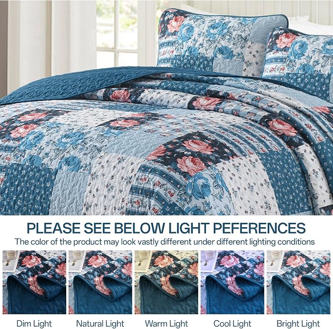 Anibedding Quilt Set King Size, 3 Pieces Blue Floral Patchwork Bedspread with Red Flower Pattern Coverlet Set, Soft Microfiber Bedding Set Reversible Bed Cover for All Season 110''x90''
