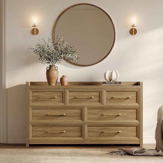SICOTAS Dresser for Bedroom with 7 Drawers, 56.5" Wide Large Modern Dresser | Chest of Drawers for Living Room, Closet Clothes Storage Organizer Smooth Sliding Drawers, Brown Oak