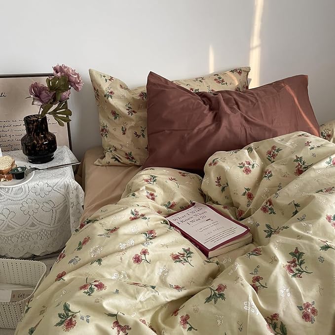 mixinni Vintage Floral Duvet Cover King Size - 3 Piece 100% Cotton Cottagecore Red Flowers & Green Leaves Bedding, Soft Botanical Comforter Cover & Pillowcases, Aesthetic Spring Bed Set for Girls