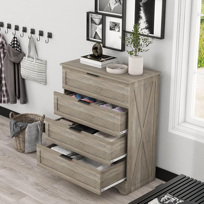 Farmhouse 4 Drawer Dresser for Bedroom, Tall Bedroom Dresser, Rustic Gray | Changing Table Dresser with Large Drawer, Wooden Storage Organizer Cabinet Chest of Drawer for Closet, Living Room, Hallway