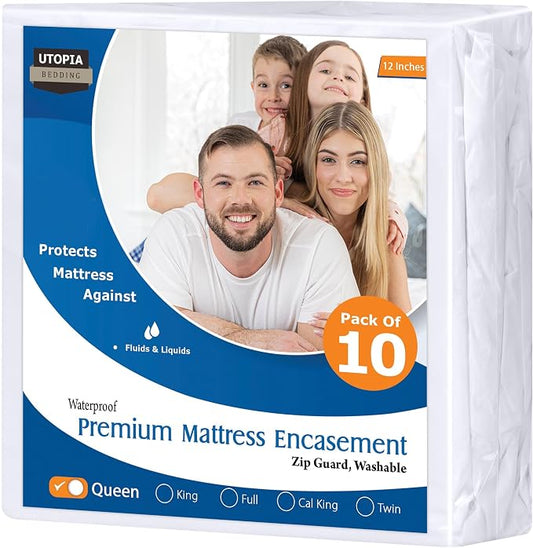 Bulk 10-Pack Queen Size Hotel Mattress Encasement 100% Waterproof, 12" Deep | White, Commercial, Resorts, Motels & Institutional Use, Zippered 6-Sided Mattress Protector