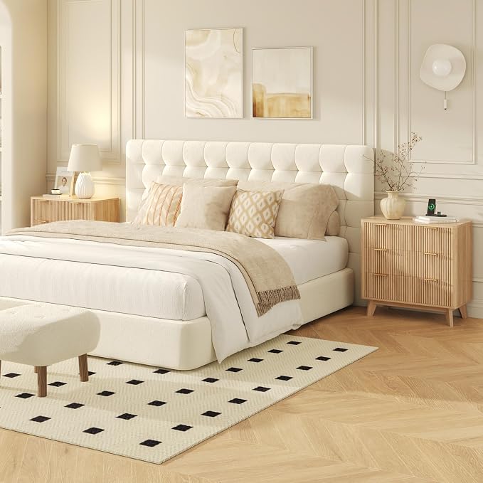 Fluest 32” Tall Nightstands with Fast Charging Station, 32” Wide Fluted Night Stand with 3 Large Drawers, Modern End Table Beside Table for Bedroom, Curved Profile Design, Natural