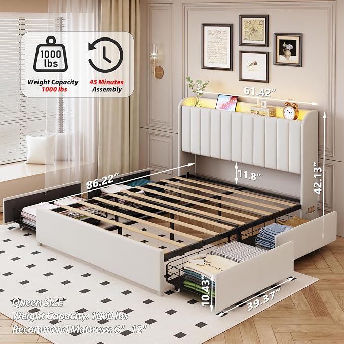 Queen Bed Frame with 4 Drawers and Storage Headboard, Upholstered Platform Bed Frame Queen Size with Led Lights and Handy Charging Station, No Box Spring Needed, Easy Assembly, Noise Free, Beige