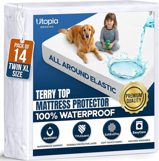 Waterproof Twin XL Mattress Protector 14 Pack fits Upto 15" deep Mattresses | Utopia Bedding 200 GSM Soft & Breathable Mattress Cover, Dirt-Proof, Noiseless, Machine Washable Fitted Sheet Style, White