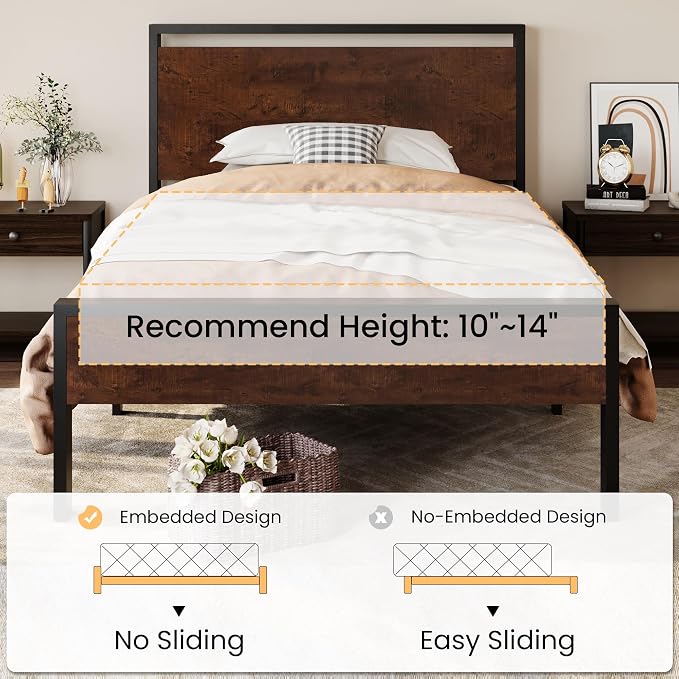 SHA CERLIN 14 Inch Twin Size Metal Platform Bed Frame with Wooden Headboard and Footboard, Mattress Foundation, No Box Spring Needed, Large Under Bed Storage, Heavy Duty Slats Support, Mahogany