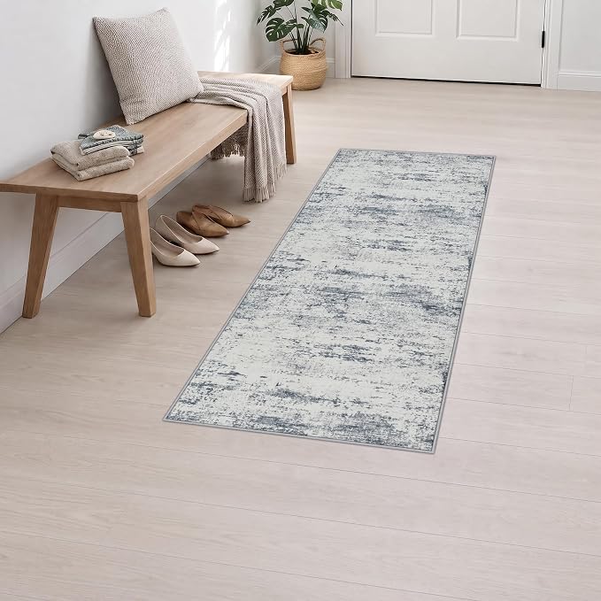 2x5 Washable Runner Rug：Modern Abstract Soft Carpet Blue Grey | For Hallway, Bedroom, Kitchen, Laundry, Bathroom,Door Mat,Modern Abstract,Machine washable,Non-Slip,Stain Resistant,Indoor