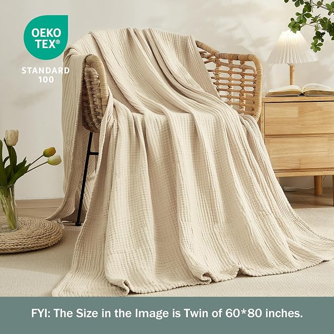 EMME Muslin Blankets for Adults Throw Blanket for Couch Breathable Gauze Soft Lightweight Airy Beige Twin 60" x 80"