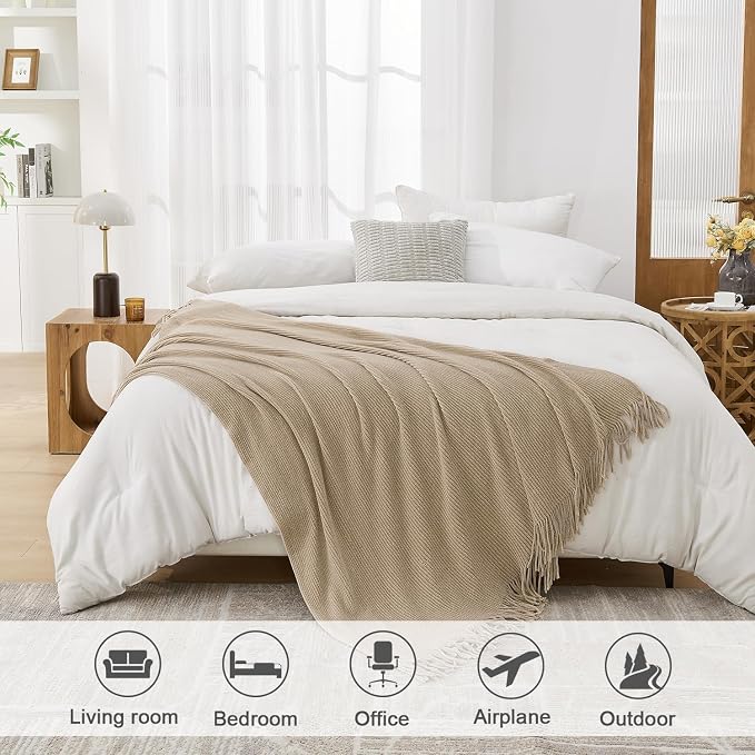 lifein Throw Blanket for Couch, Soft Boho Decor Bed Throw,Cozy Beige Knitted Chenille Small Farmhouse Lightweight Throw (Beige,60 * 80")
