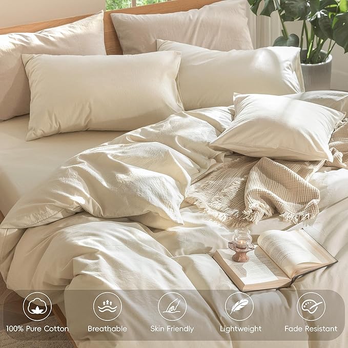 MooMee Duvet Cover Set 100% Washed Cotton Linen Like Oversized King Plus | Relaxed Linen-like Texture. Soft, Breathable & Long-lasting Comfort. Lightweight. Hidden Zipper with 8 Interior Corner Ties