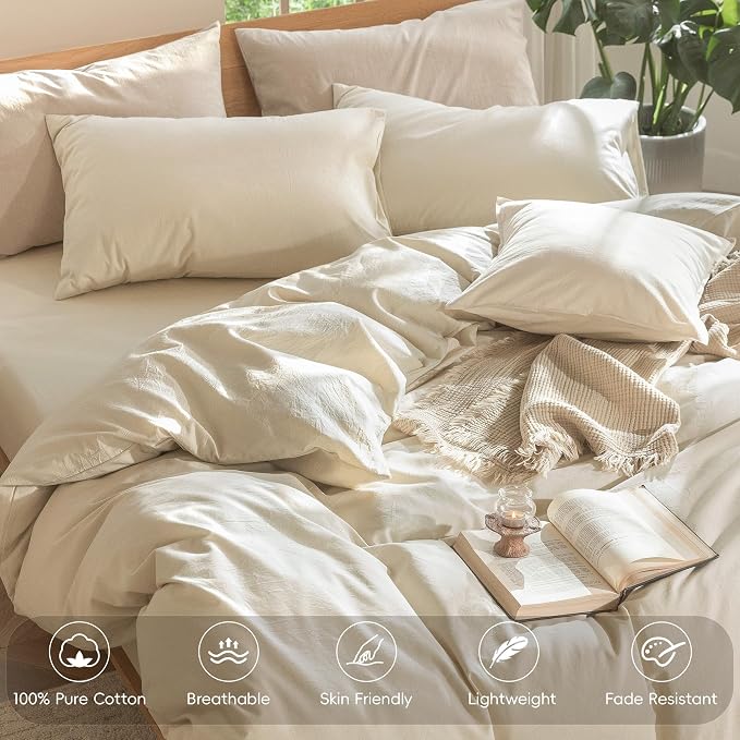 MooMee Duvet Cover Set 100% Washed Cotton Linen Like Oversized Full | Relaxed Linen-like Texture. Soft, Breathable & Long-lasting Comfort. Lightweight. Hidden Zipper with 8 Interior Corner Ties