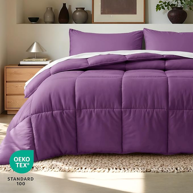 Bare Home Comforter Set - 1800 Ultra Soft (Oversized King, Plum) | All-Season, Breathable, Hypoallergenic, Premium 1800, Warm, Cozy