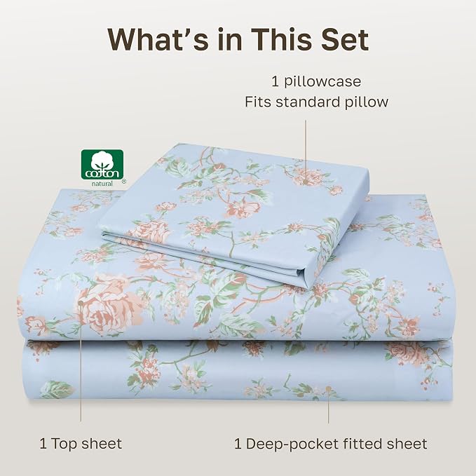 California Design Den Soft 100% Cotton Sateen Twin XL Size Bedsheets, 3 Pcs | 400 Thread Count Backed by Good Housekeeping Seal, All-Around Elastic, Durable, Easy Care, 3 Pc Set - Floral Blue/Pink Print