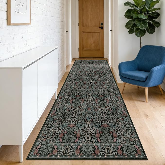 Washable 2'6" x 10' Runners for Hallways, Non Slip Long Floor Runner for Kitchen, Entryway Indoor, Stain Resistant Rubber Backing Floral Décor Rug (Dark Green)